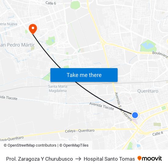 Prol. Zaragoza Y Churubusco to Hospital Santo Tomas map