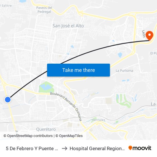 5 De Febrero Y Puente De Mabe to Hospital General Regional Imss II map