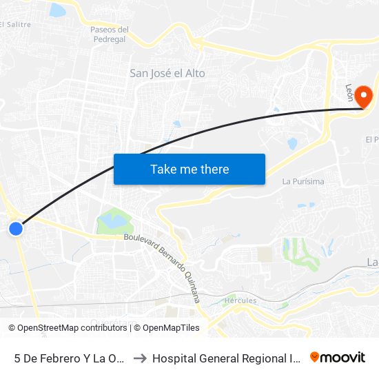 5 De Febrero Y La Obrera to Hospital General Regional Imss II map