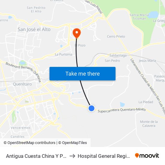 Antigua Cuesta China Y Puente Conin to Hospital General Regional Imss II map