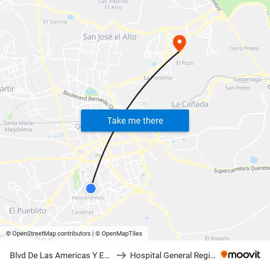 Blvd De Las Americas Y Enrique Bordes to Hospital General Regional Imss II map