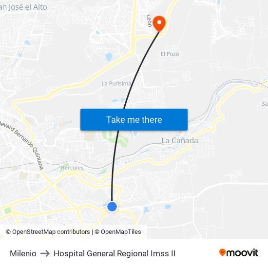 Milenio to Hospital General Regional Imss II map