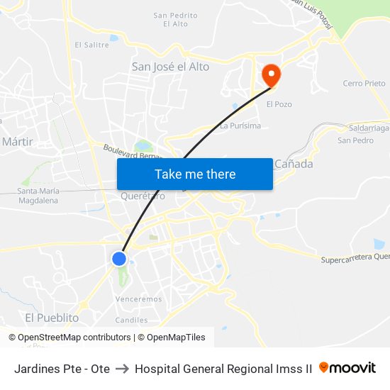 Jardines Pte - Ote to Hospital General Regional Imss II map