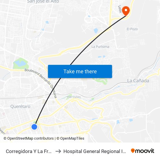 Corregidora Y La Fragua to Hospital General Regional Imss II map