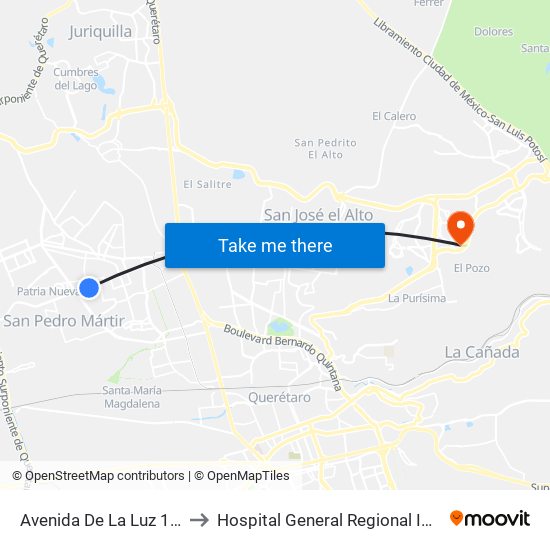 Avenida De La Luz 1323 to Hospital General Regional Imss II map