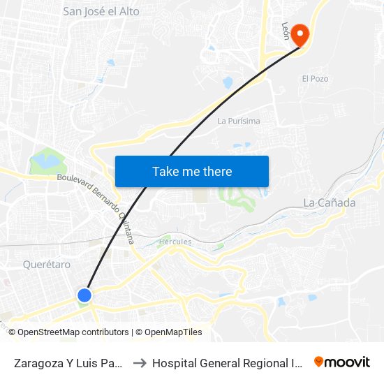 Zaragoza Y Luis Pasteur to Hospital General Regional Imss II map
