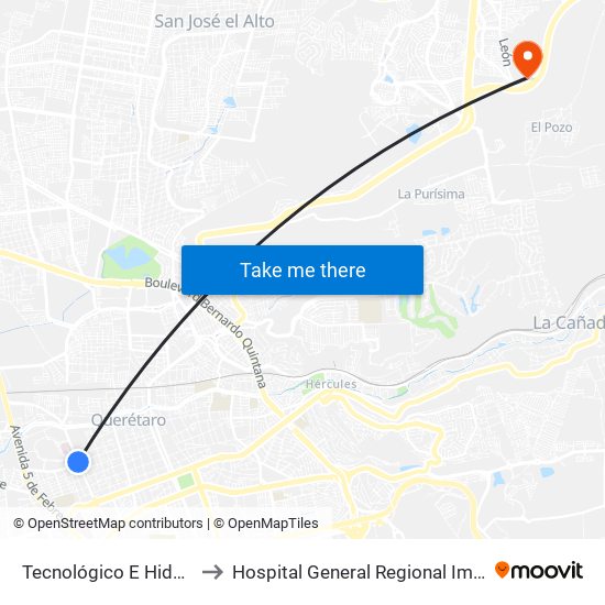 Tecnológico E Hidalgo to Hospital General Regional Imss II map