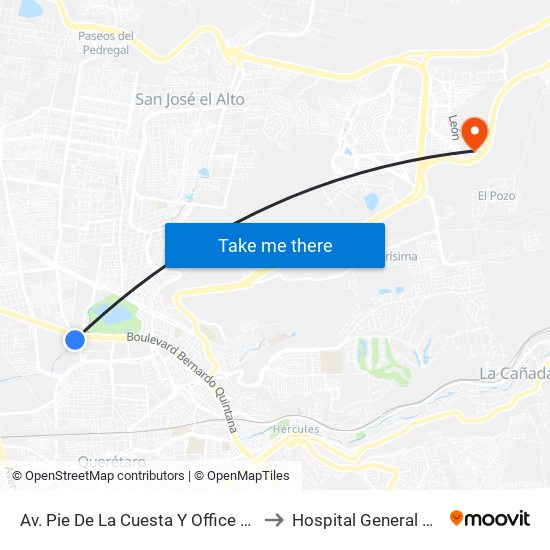 Av. Pie De La Cuesta Y Office Max Bernardo Quintana to Hospital General Regional Imss II map
