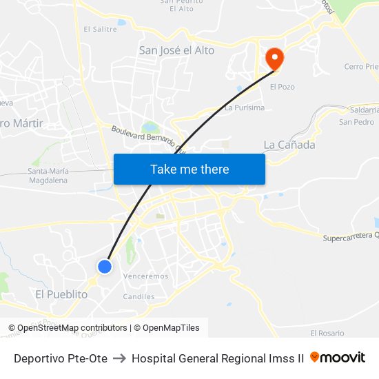 Deportivo Pte-Ote to Hospital General Regional Imss II map