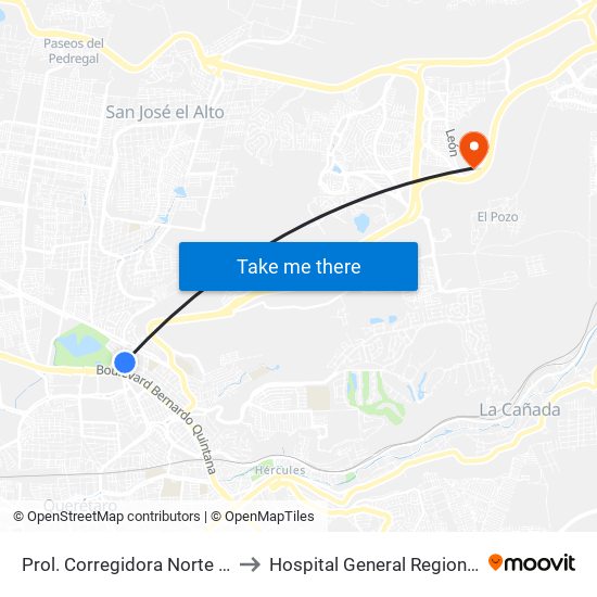 Prol. Corregidora Norte Y Morera to Hospital General Regional Imss II map