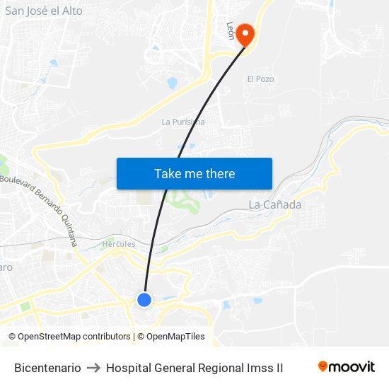 Bicentenario to Hospital General Regional Imss II map