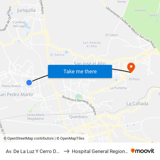 Av. De La Luz Y Cerro Del Capulín to Hospital General Regional Imss II map