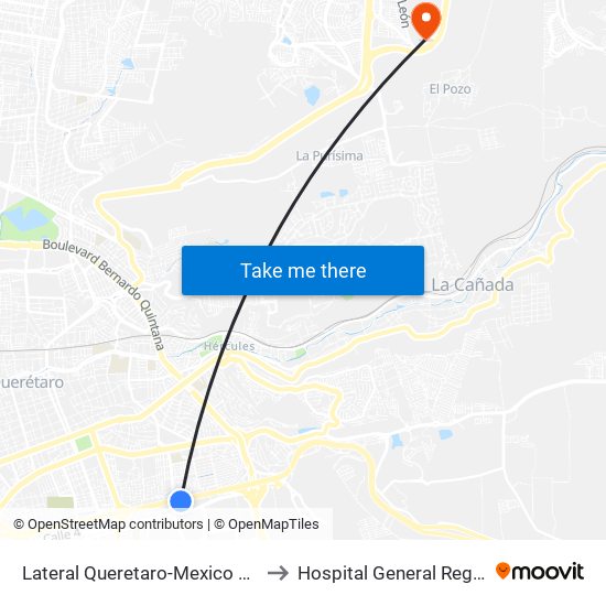 Lateral Queretaro-Mexico Y Mega Estadio to Hospital General Regional Imss II map