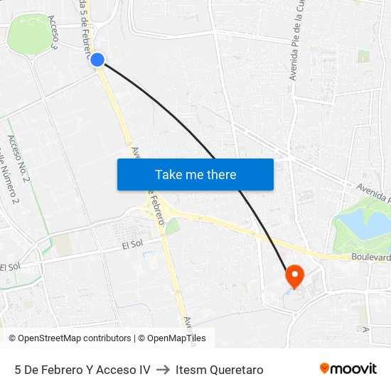 5 De Febrero Y Acceso IV to Itesm Queretaro map