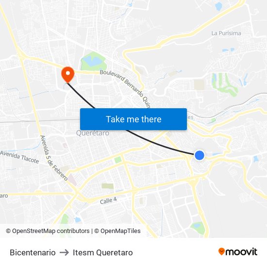 Bicentenario to Itesm Queretaro map