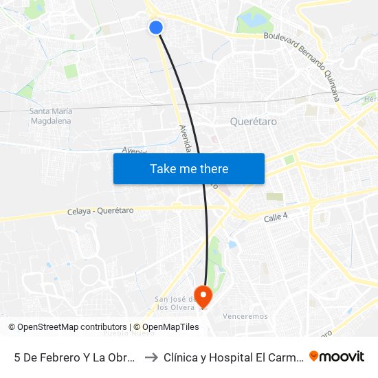 5 De Febrero Y La Obrera to Clínica y Hospital El Carmen map