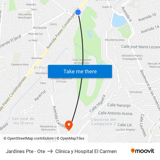 Jardines Pte - Ote to Clínica y Hospital El Carmen map