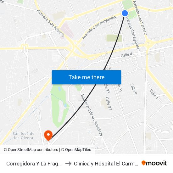 Corregidora Y La Fragua to Clínica y Hospital El Carmen map