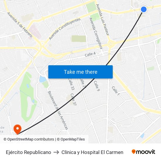 Ejército Republicano to Clínica y Hospital El Carmen map