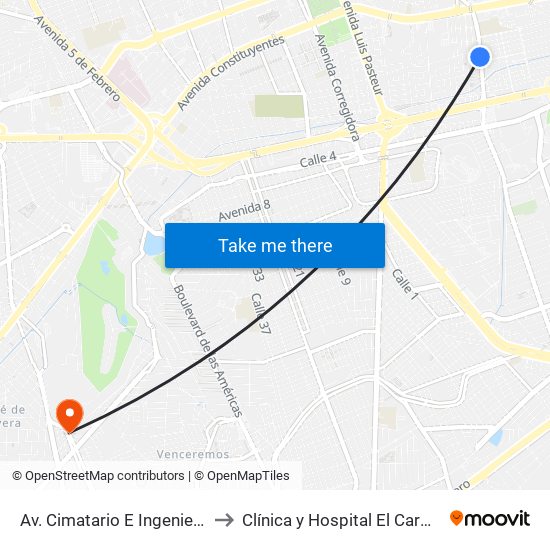 Av. Cimatario E Ingenieros to Clínica y Hospital El Carmen map