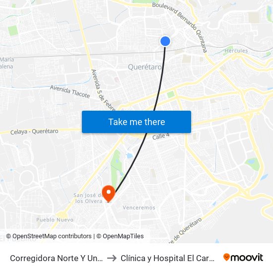 Corregidora Norte Y Union to Clínica y Hospital El Carmen map