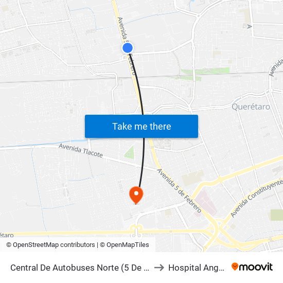 Central De Autobuses Norte (5 De Febrero Y Epigmenio González) to Hospital Angeles Querétaro map