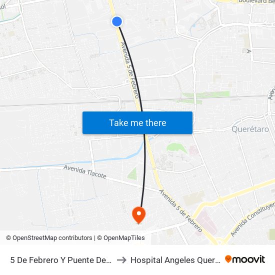 5 De Febrero Y Puente De Mabe to Hospital Angeles Querétaro map