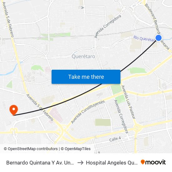 Bernardo Quintana Y Av. Universidad to Hospital Angeles Querétaro map