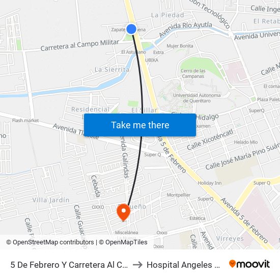 5 De Febrero Y Carretera Al Campo Militar to Hospital Angeles Querétaro map