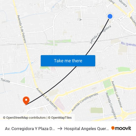 Av. Corregidora Y Plaza Dorada to Hospital Angeles Querétaro map