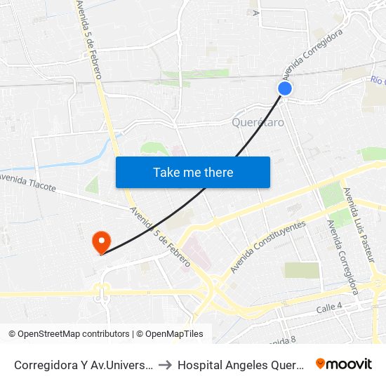 Corregidora Y Av.Universidad to Hospital Angeles Querétaro map