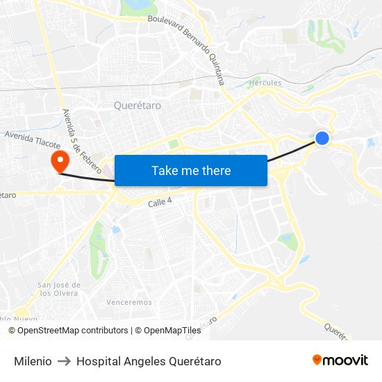 Milenio to Hospital Angeles Querétaro map