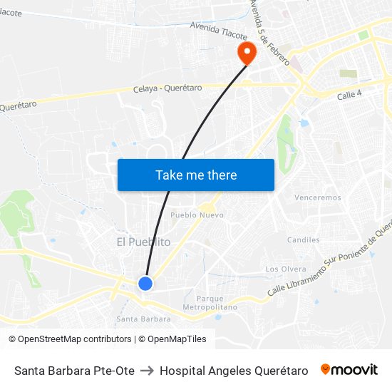 Santa Barbara Pte-Ote to Hospital Angeles Querétaro map