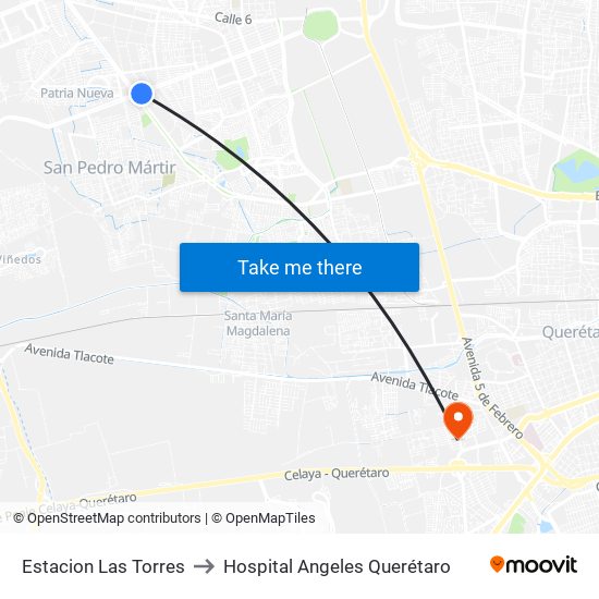 Estacion Las Torres to Hospital Angeles Querétaro map