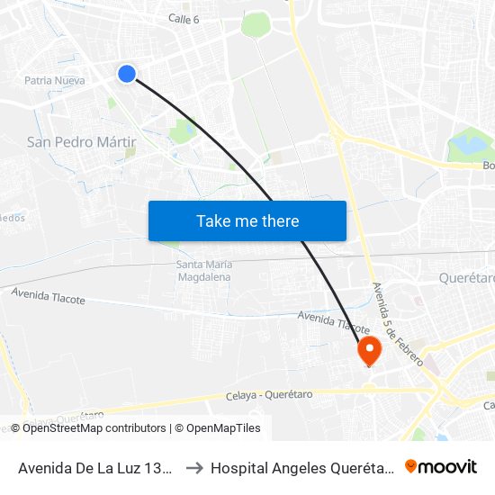 Avenida De La Luz 1323 to Hospital Angeles Querétaro map