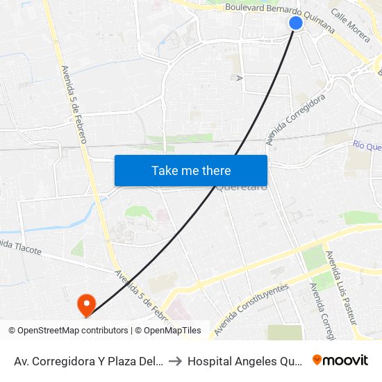 Av. Corregidora Y Plaza Del Parque to Hospital Angeles Querétaro map