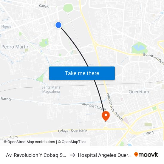 Av. Revolucion Y Cobaq Satelite to Hospital Angeles Querétaro map