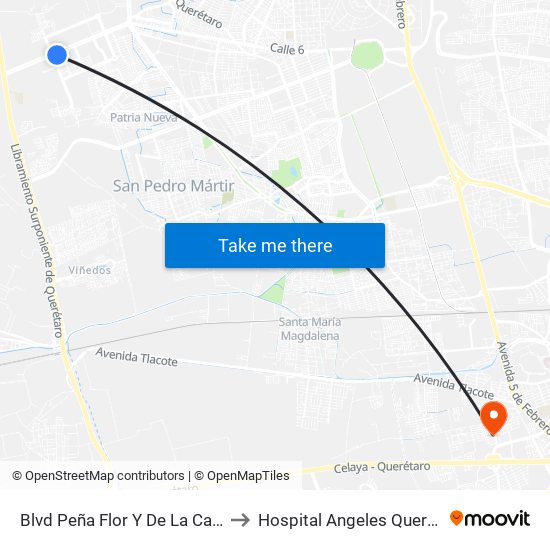 Blvd Peña Flor Y De La Cantera to Hospital Angeles Querétaro map