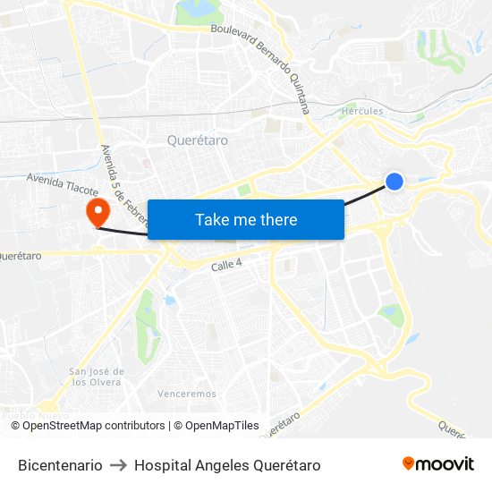 Bicentenario to Hospital Angeles Querétaro map