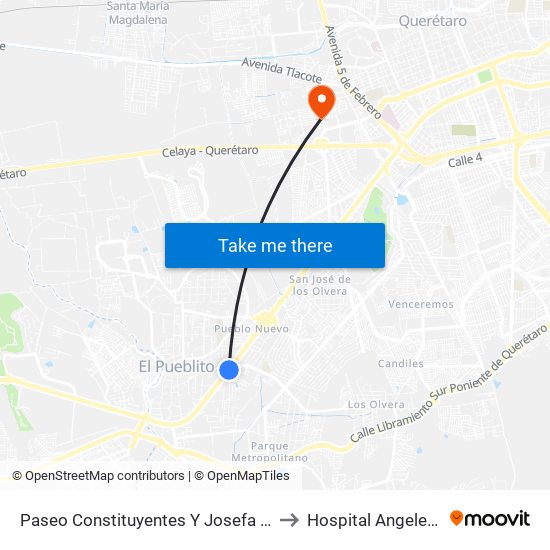 Paseo Constituyentes Y Josefa Ortiz De Dominguez to Hospital Angeles Querétaro map