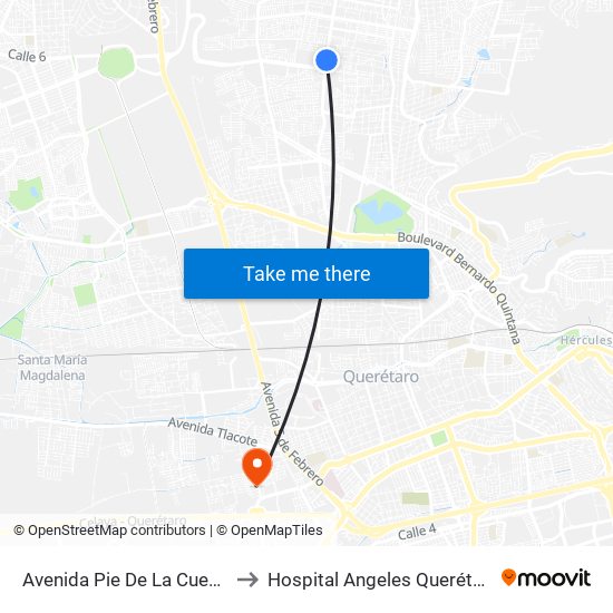 Avenida Pie De La Cuesta to Hospital Angeles Querétaro map