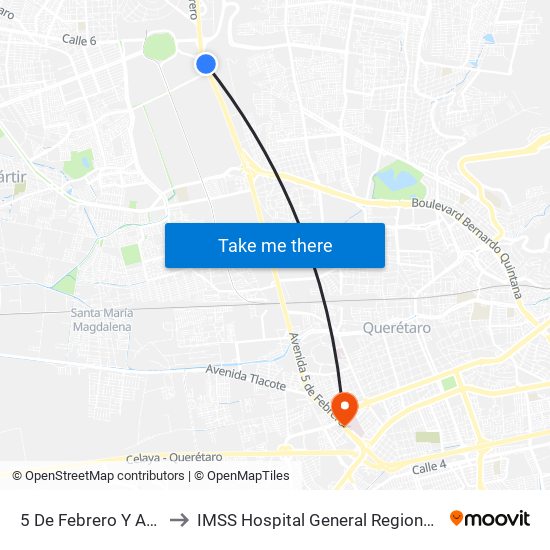 5 De Febrero Y Acceso IV to IMSS Hospital General Regional 1 Querétaro map