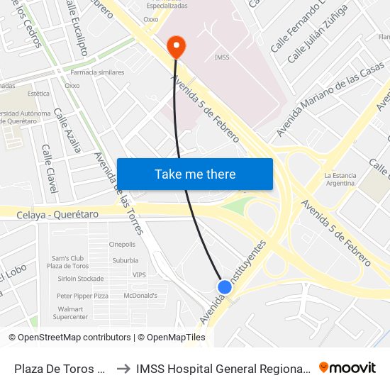 Plaza De Toros Ote - Pte to IMSS Hospital General Regional 1 Querétaro map
