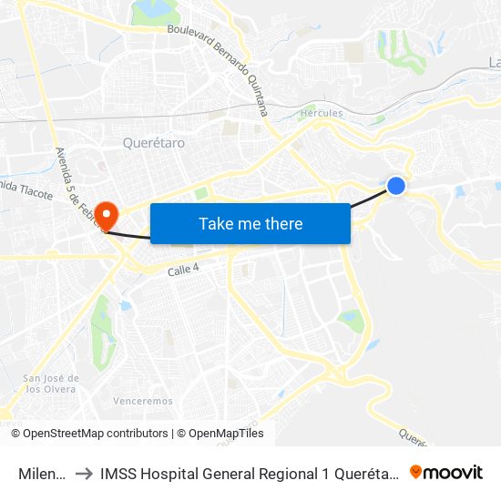 Milenio to IMSS Hospital General Regional 1 Querétaro map