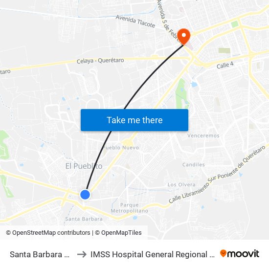 Santa Barbara Pte-Ote to IMSS Hospital General Regional 1 Querétaro map