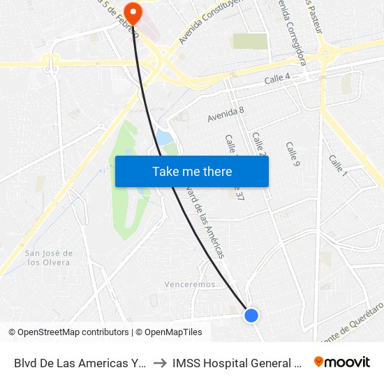 Blvd De Las Americas Y Blvd Gobernadores to IMSS Hospital General Regional 1 Querétaro map