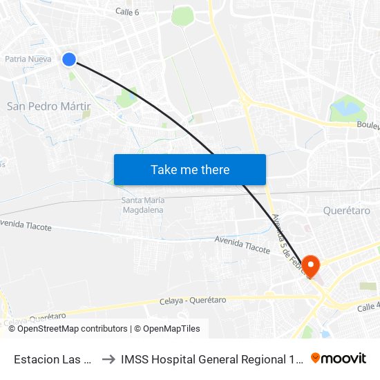 Estacion Las Torres to IMSS Hospital General Regional 1 Querétaro map