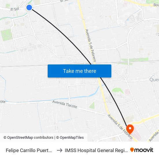 Felipe Carrillo Puerto Y Revolución to IMSS Hospital General Regional 1 Querétaro map