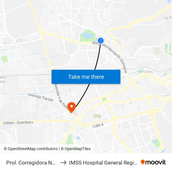 Prol. Corregidora Norte Y Morera to IMSS Hospital General Regional 1 Querétaro map