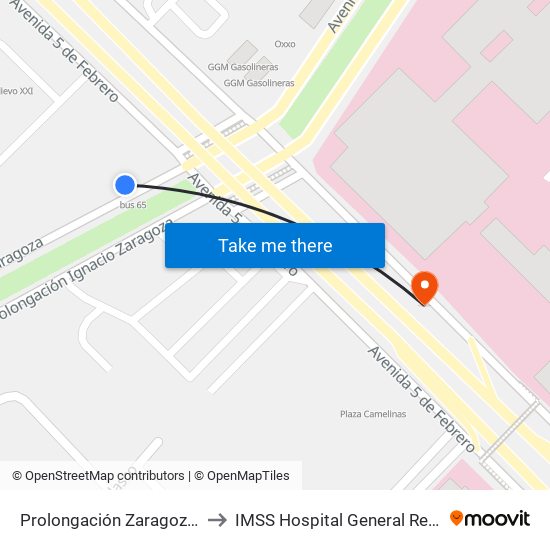 Prolongación Zaragoza Y 5 De Febrero to IMSS Hospital General Regional 1 Querétaro map